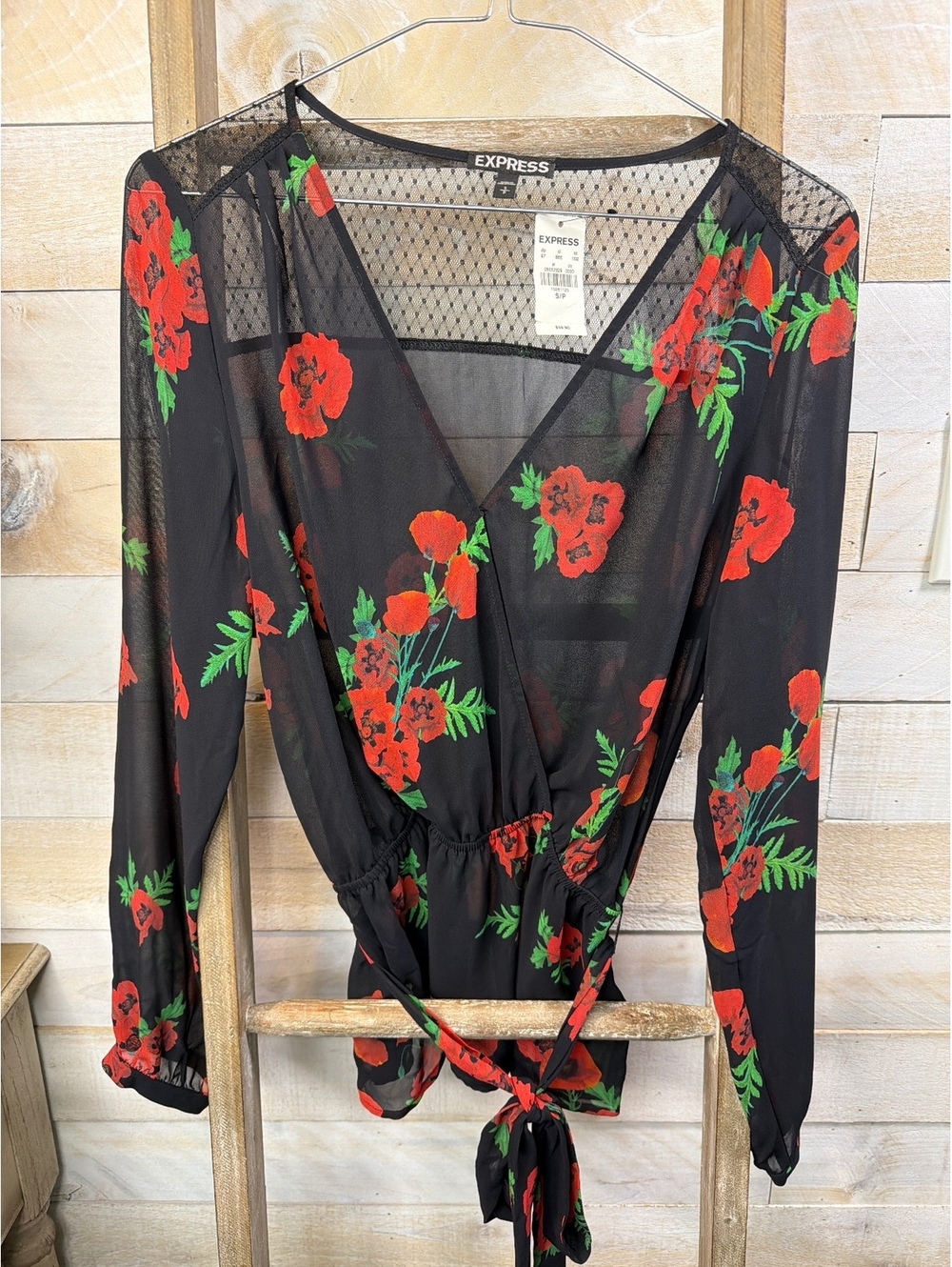 Express Black Sheer Floral Wrap Blouse with Tie Waist